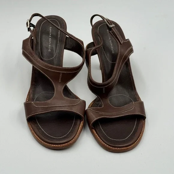 Banana Republic Leather Heeled Sandals Brown Slingback T Strap Women's 5.5M Y2K - Picture 2 of 5